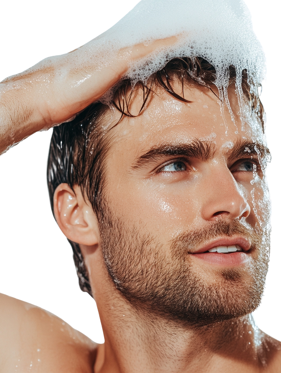 Hombre con cabello corto lavándose la cabeza con shampoo anticaída, con espuma abundante y una expresión relajada. Imagen de alta calidad ideal para promocionar un tratamiento capilar masculino.